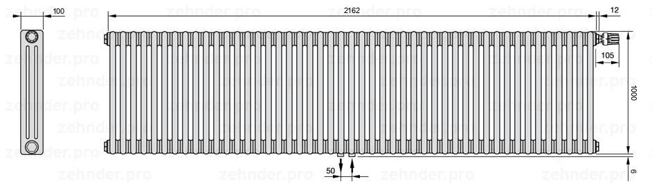 Схема (чертеж) Радиатор Zehnder Charleston 3100/47 №V008 Белый глянцевый RAL 9016